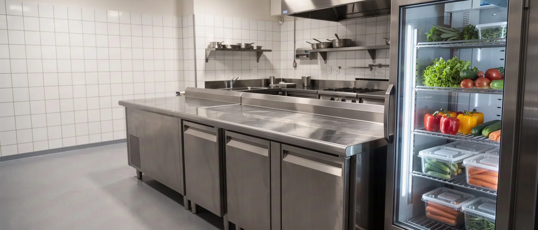 Kühltisch und Glastür-Kühlschrank in einer Profiküche